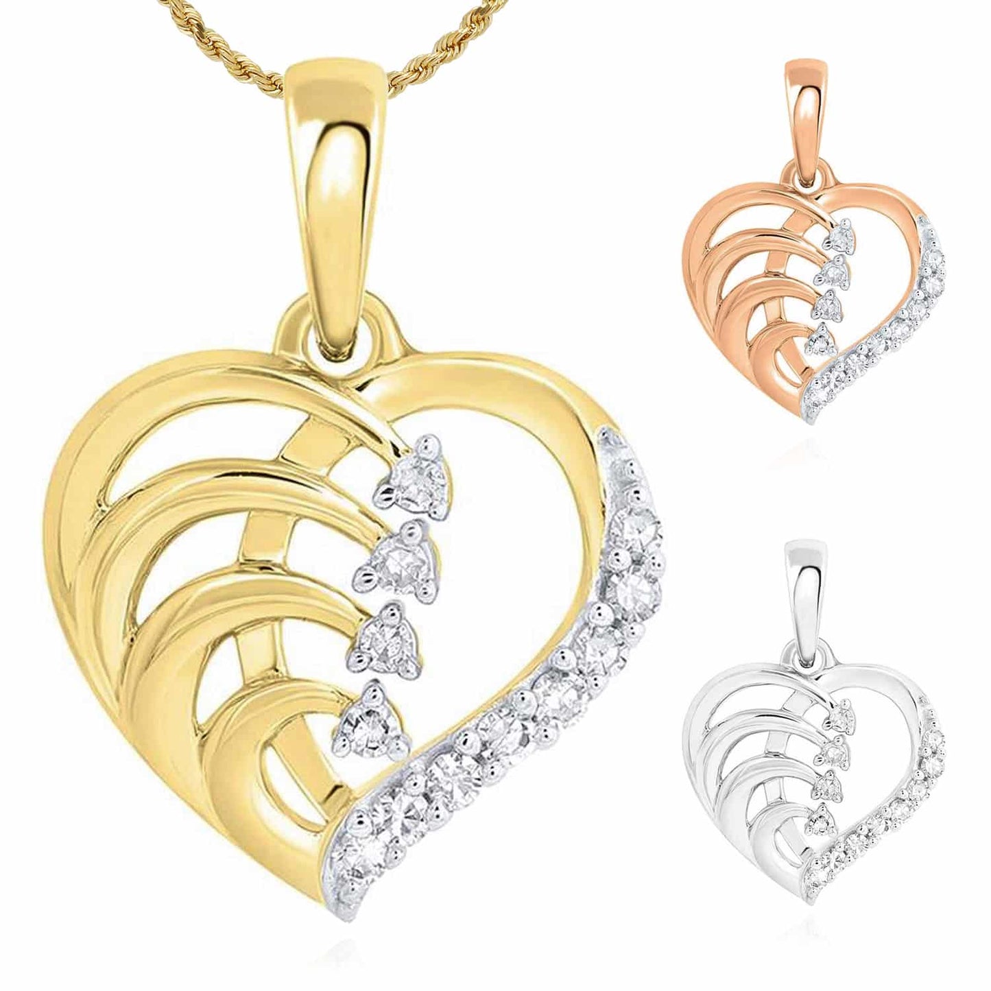 Real Diamond 10K Gold Yellow Rose White Heart Pendant 0.5"