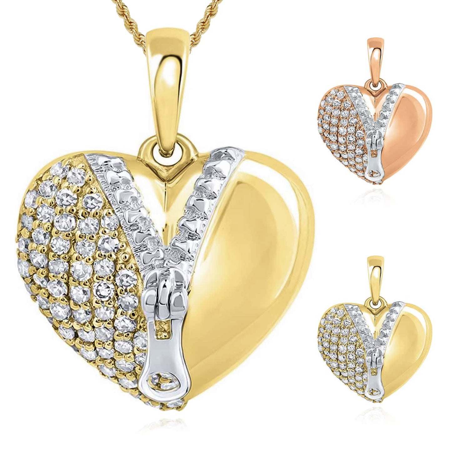 Natural Diamond 10K Gold Yellow Rose Puffed Zipper Heart Pendant 0.6"