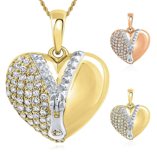 Natural Diamond 10K Gold Yellow Rose Puffed Zipper Heart Pendant 0.6"