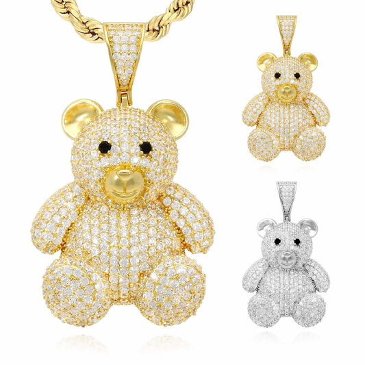 14K Gold Over Sterling Silver Pave CZ Teddy Bear Pendant 1.97"