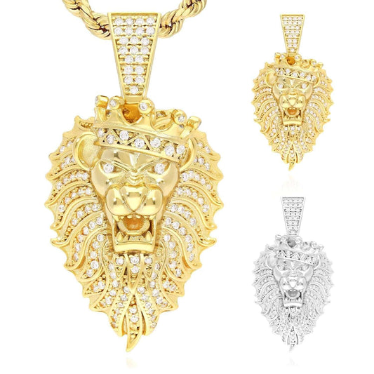 Yellow Gold Over Silver CZ Lion Crown Face Pendant 1.57"