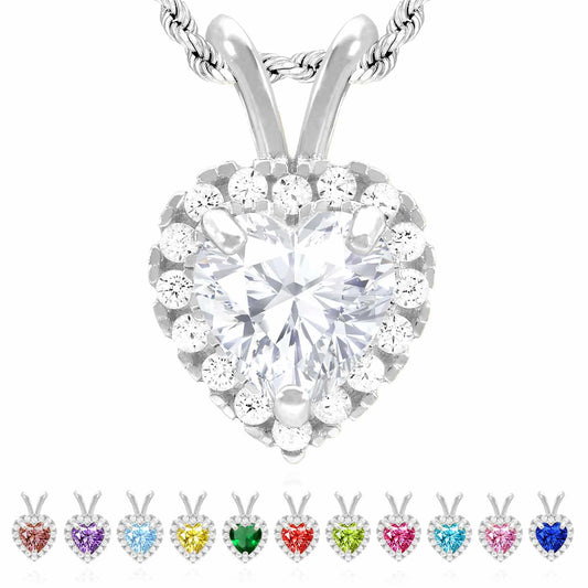 14K White Gold Birthstone and CZ Heart Shape Pendant 0.5"