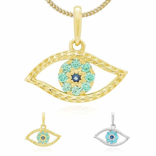 14k Yellow Gold Simulated Aquamarine & Sapphire Evil Eye Pendant 0.5"
