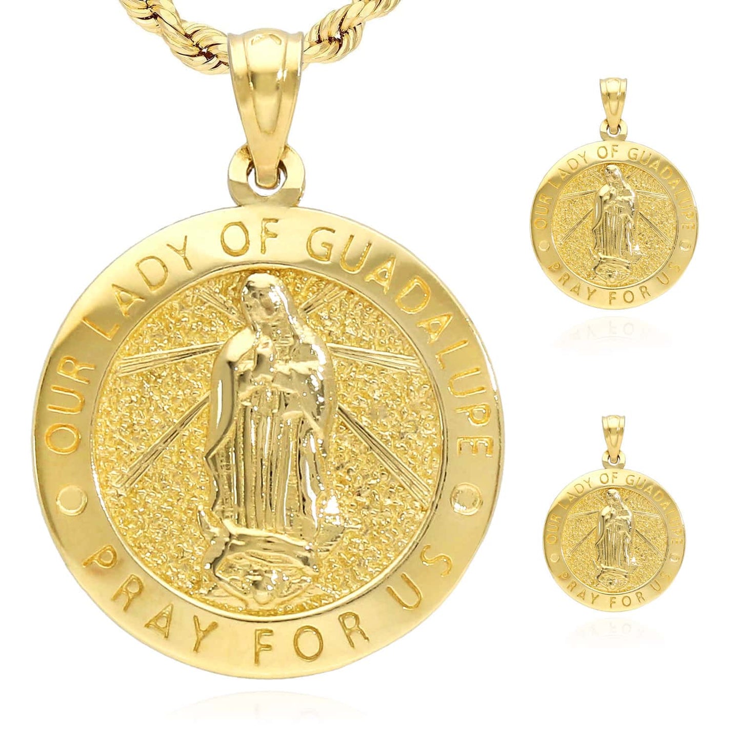 10K Yellow Gold Our Lady Of Guadalupe Pray For Us Medallion Pendant 0.8-1"