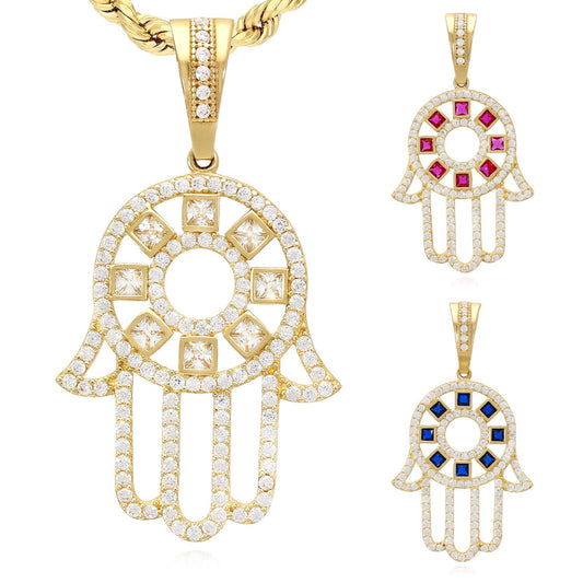 14K Yellow Gold Ruby Sapphire Zirconia Hamsa Pendant 1.5"