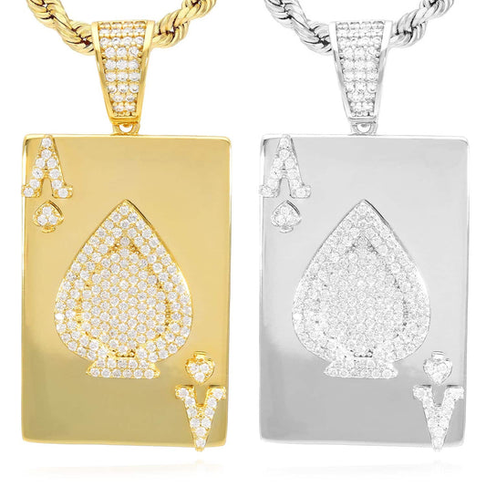 Gold Over Sterling Silver CZ Ace Of Spade Poker Card Pendant 1.7"