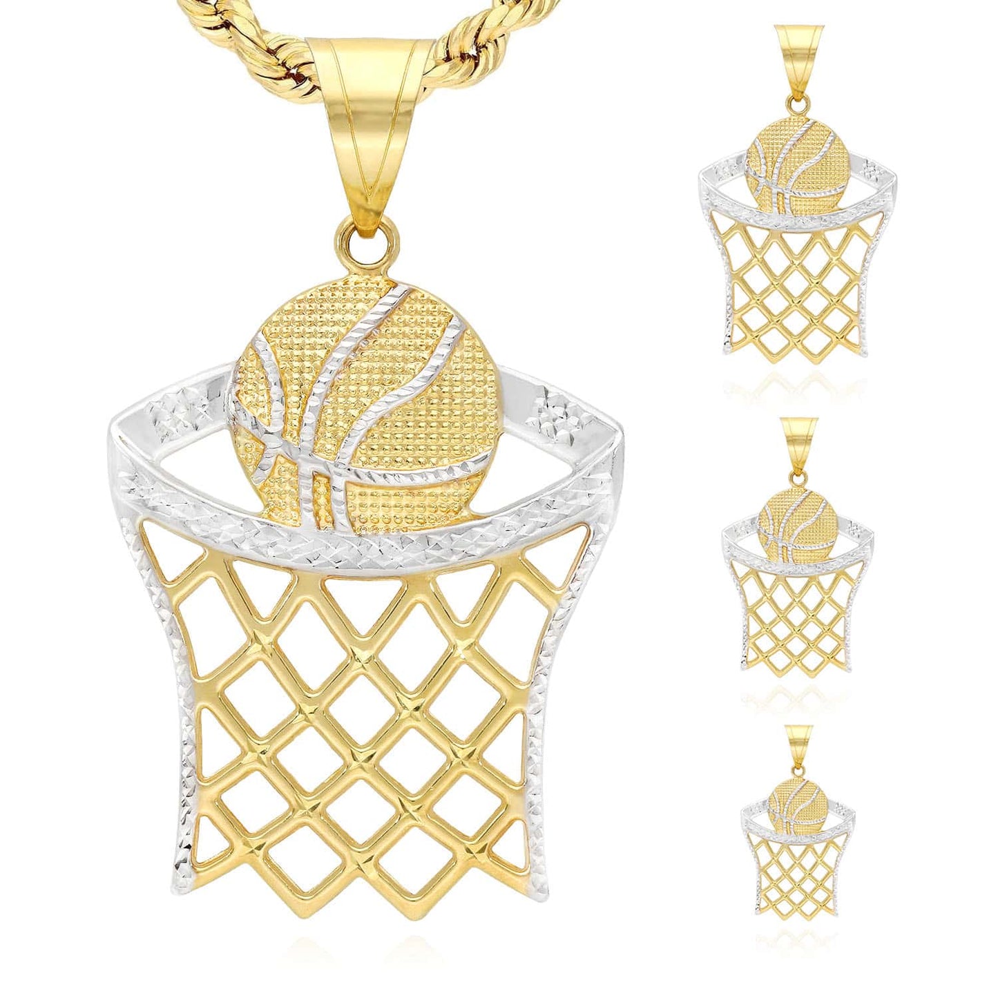 10K Yellow Gold Two-Tone Diamond Cut Basketball Hoop Sport Pendant 1.57"-2.76"
