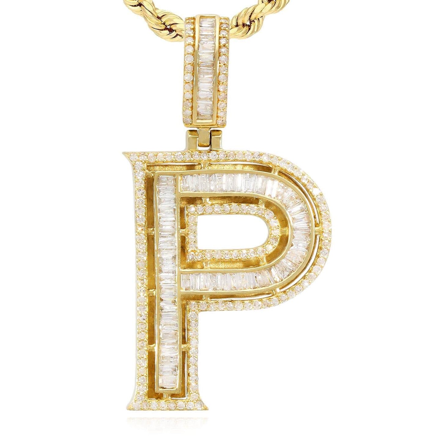 1.1CTW Natural Diamond Baguette 14K Yellow Gold Initial Letter Pendant 1.5"