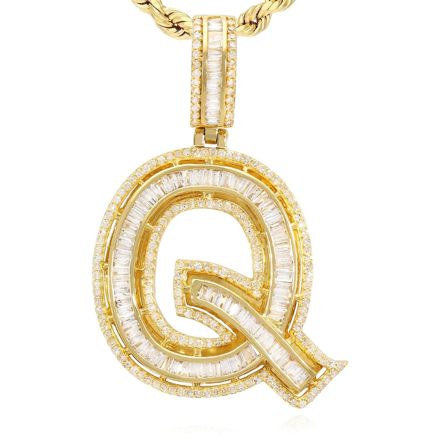 1.1CTW Natural Diamond Baguette 14K Yellow Gold Initial Letter Pendant 1.5"