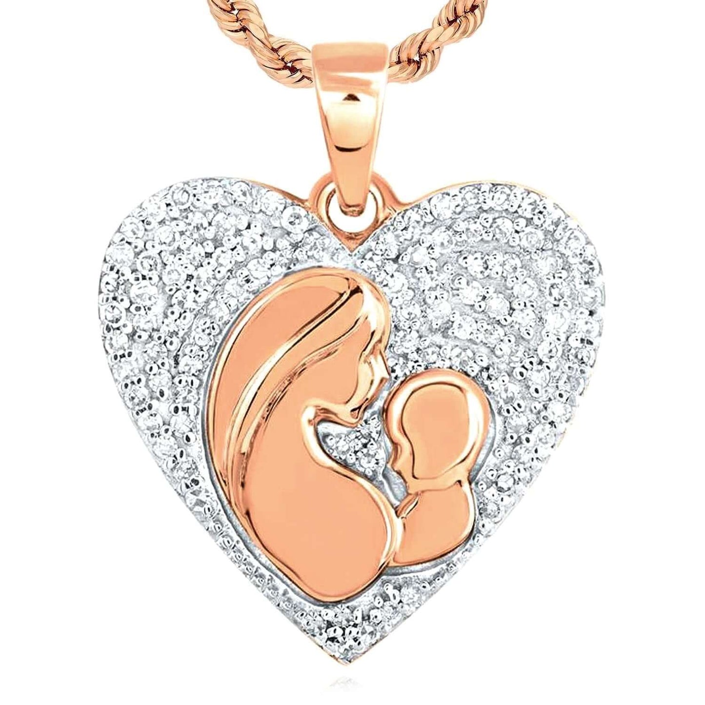 0.20CTW Real Diamond 10K Gold Yellow White Rose Mother Child Heart Pendant