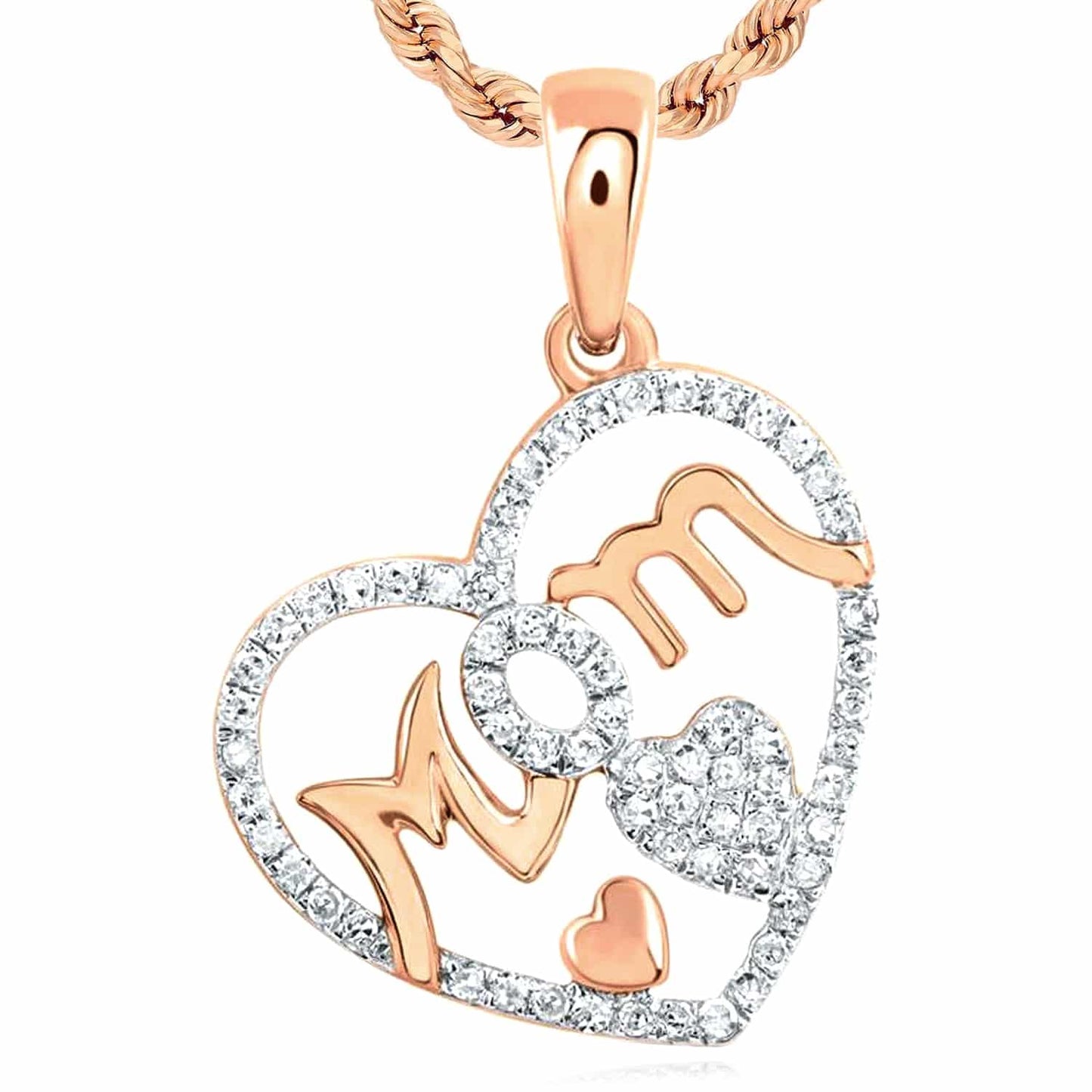 0.35CTW Real Diamond 10K Gold Yellow White Rose MOM Heart Pendant 0.87"