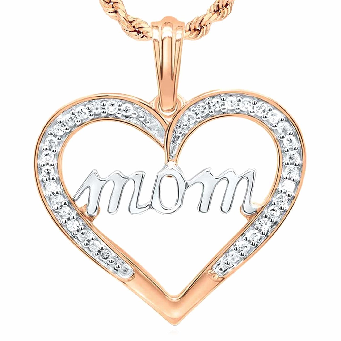 0.15CTW Real Diamond 10K Yellow White Rose Gold Open Heart Mom Pendant 0.8"