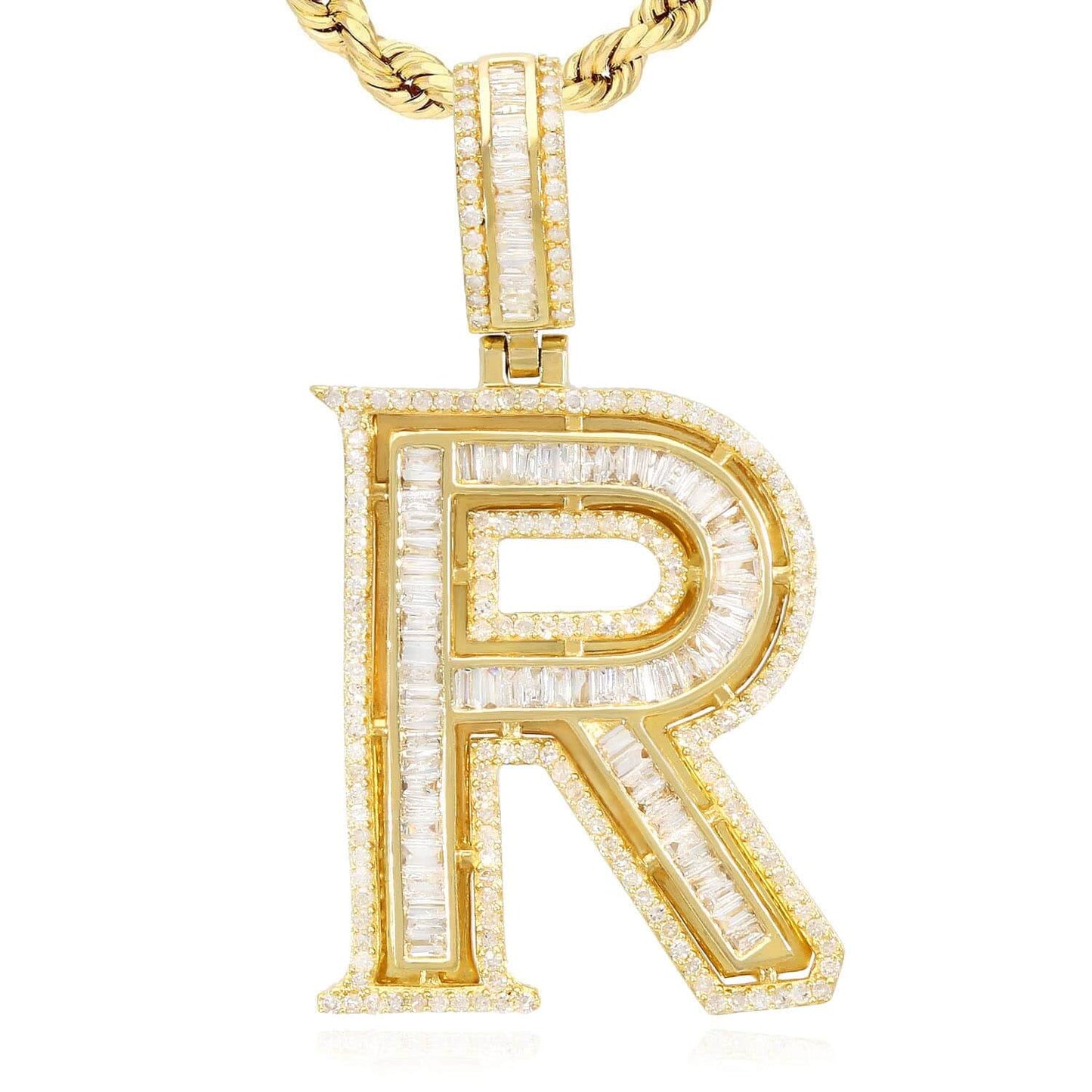 1.1CTW Natural Diamond Baguette 14K Yellow Gold Initial Letter Pendant 1.5"