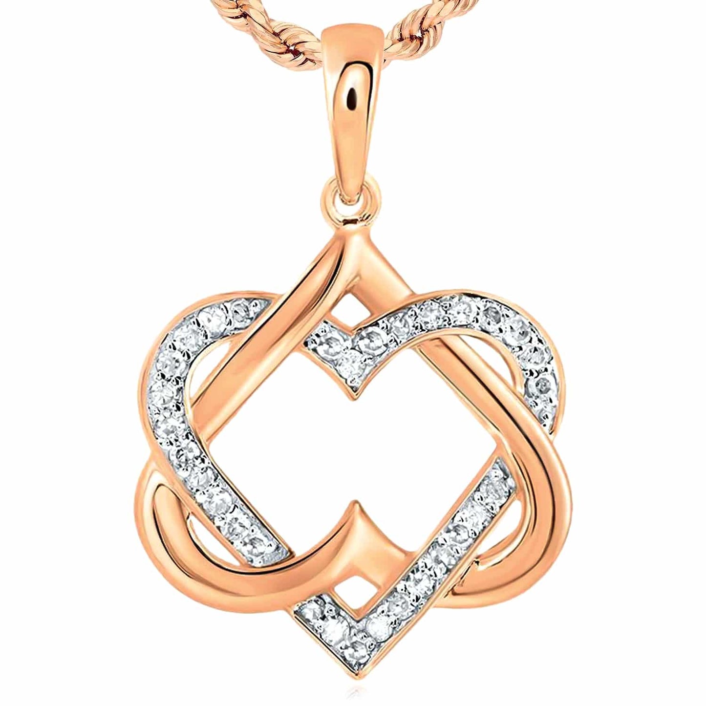 0.16CTW Real Diamond 10K Gold Yellow White Rose Interlocked Heart Pendant
