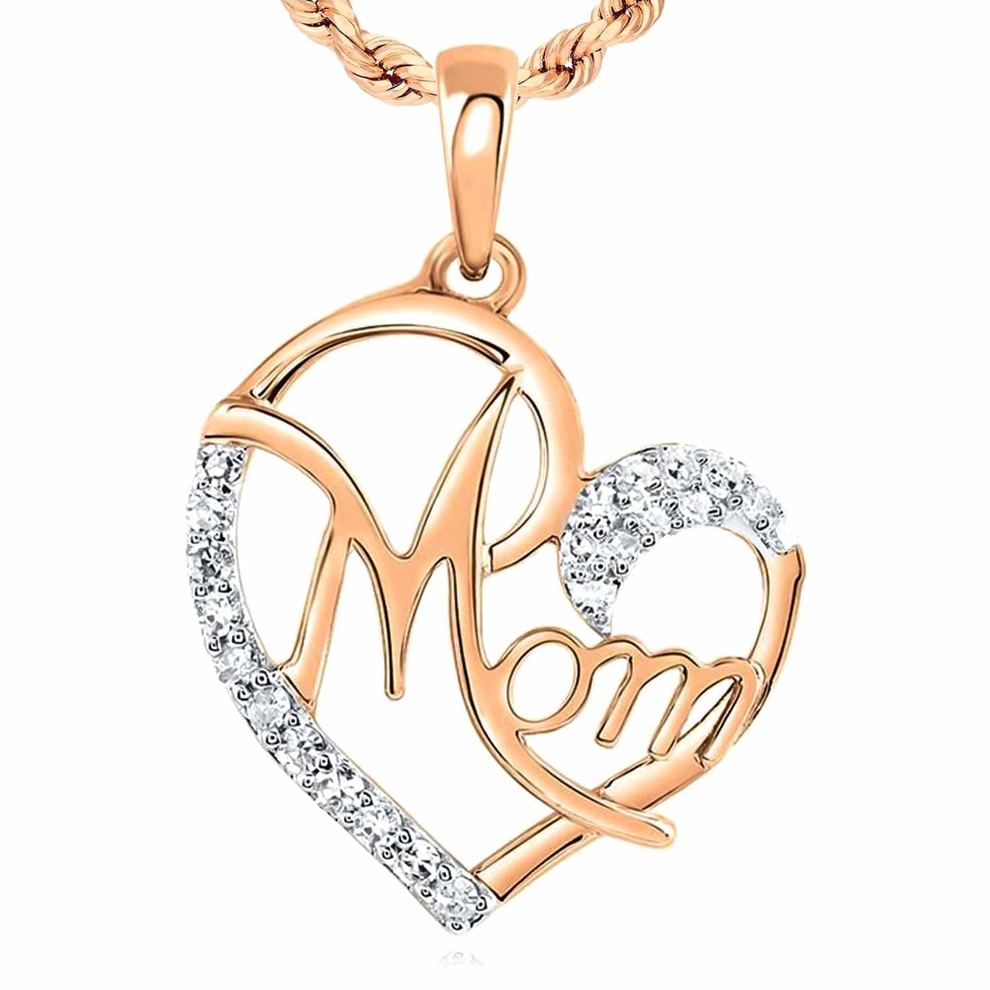 0.13CTW Real Diamond 10K Gold Yellow White Rose Open Heart Mom Pendant 0.85"