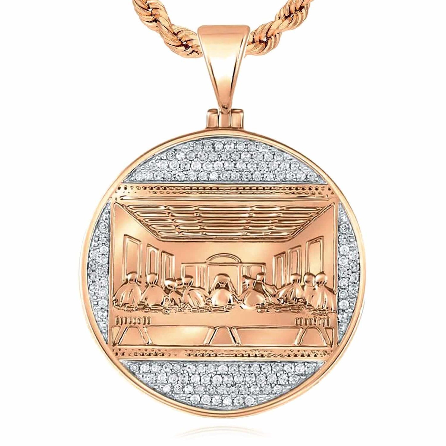 0.50CTW Real Diamond 10K Gold Round Religious Last Supper Pendant 1.6"