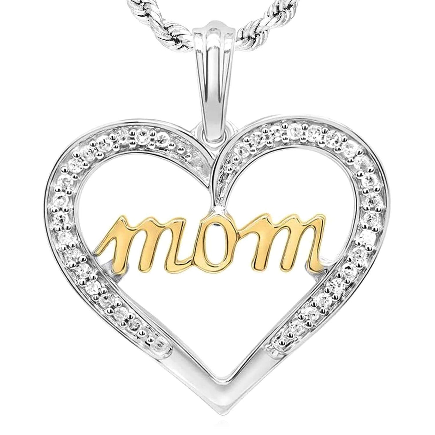 0.15CTW Real Diamond 10K Yellow White Rose Gold Open Heart Mom Pendant 0.8"