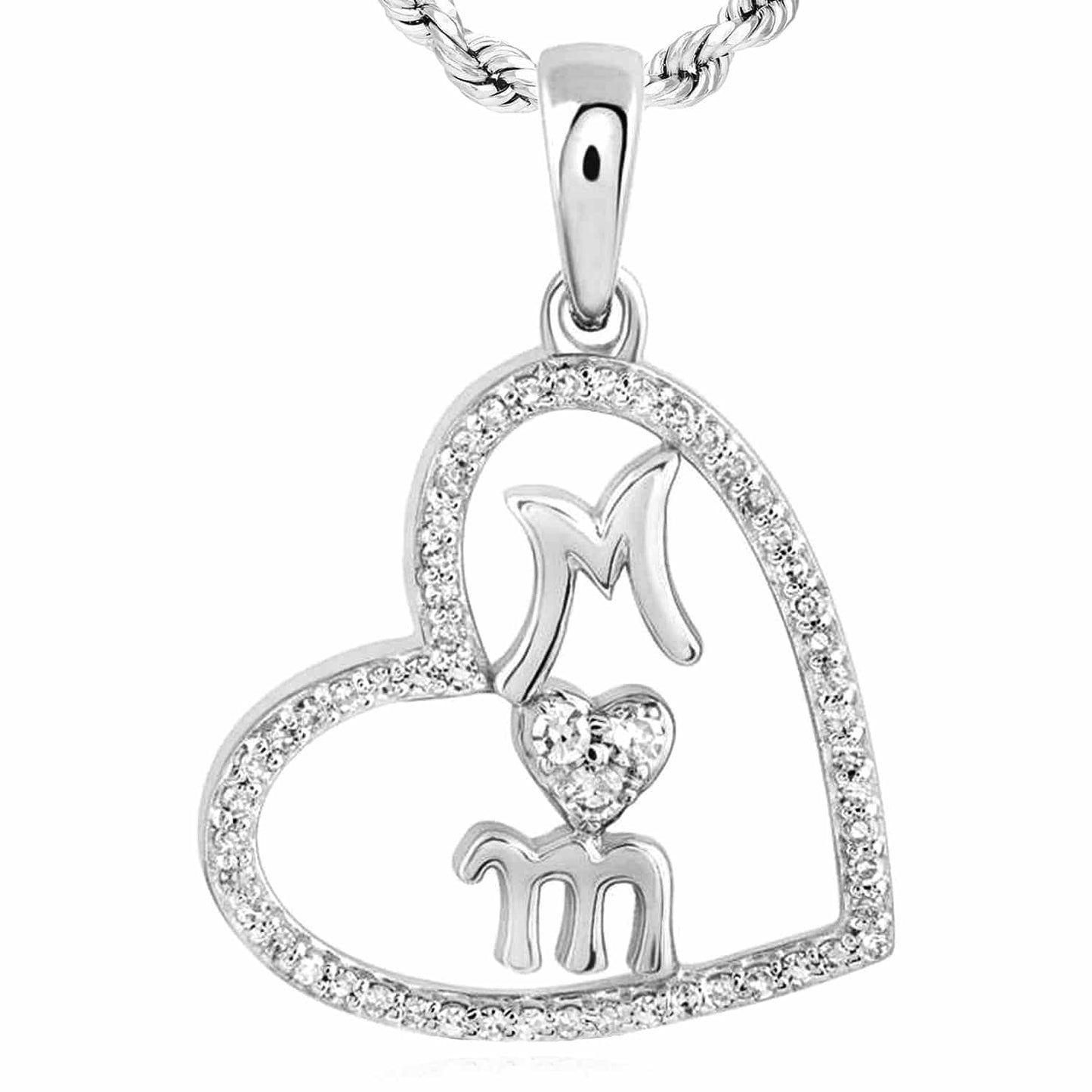 0.15CTW Real Diamond 10K Gold Yellow White Rose Open Heart Mom Pendant 0.9"
