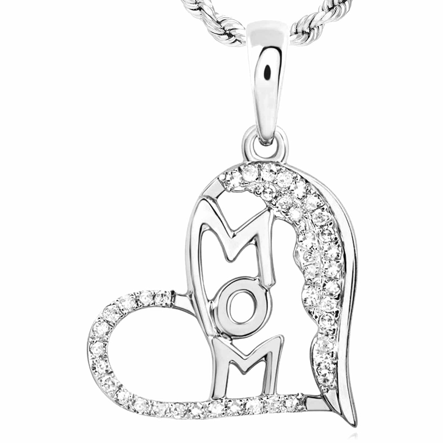 0.21CTW Real Diamond 10K Gold Yellow White Rose Open Heart Mom Pendant