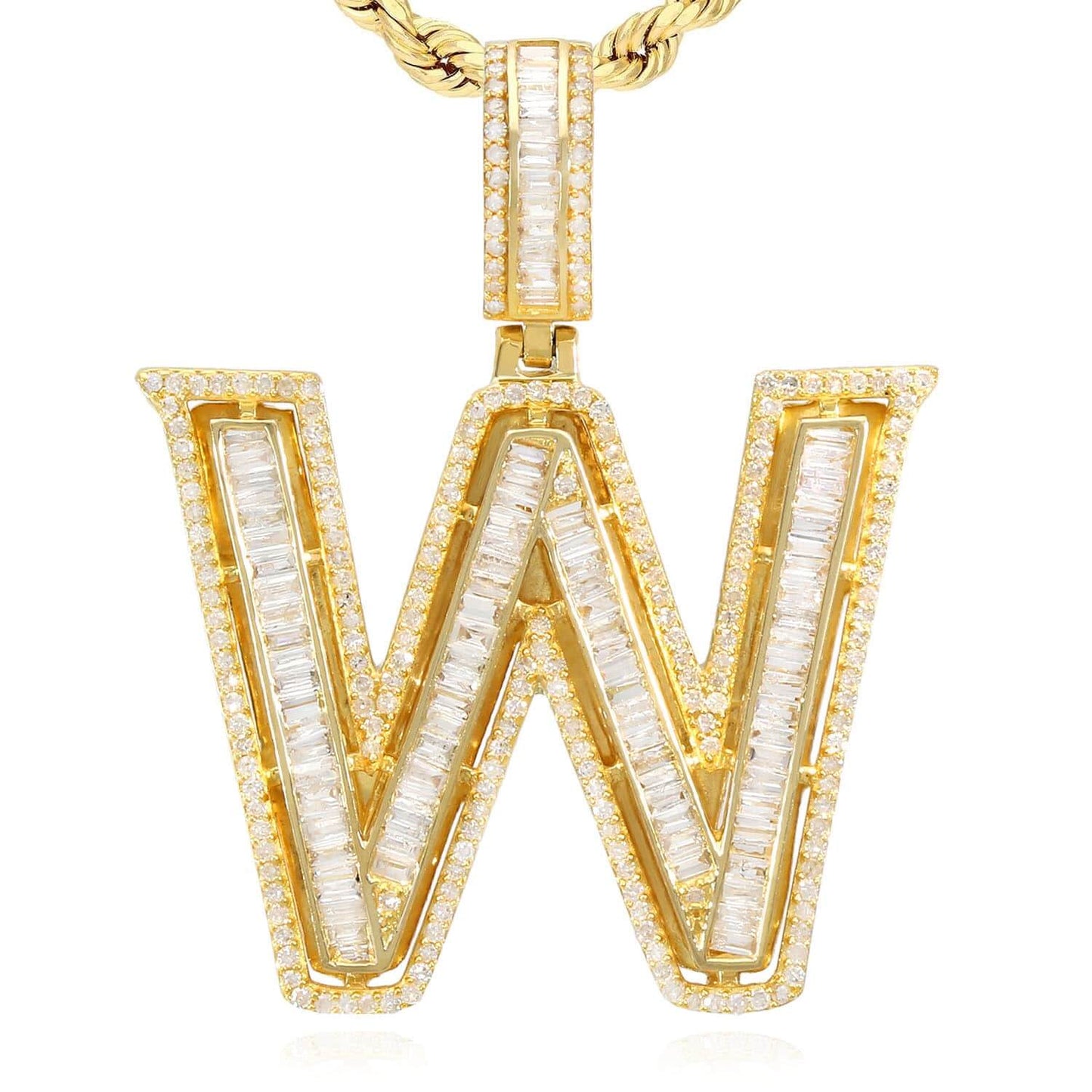 1.1CTW Natural Diamond Baguette 14K Yellow Gold Initial Letter Pendant 1.5"