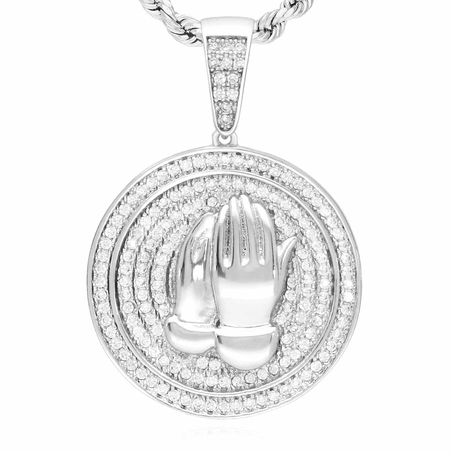 14k Gold Over Silver CZ Praying Hands Medallion Pendant 1.38"