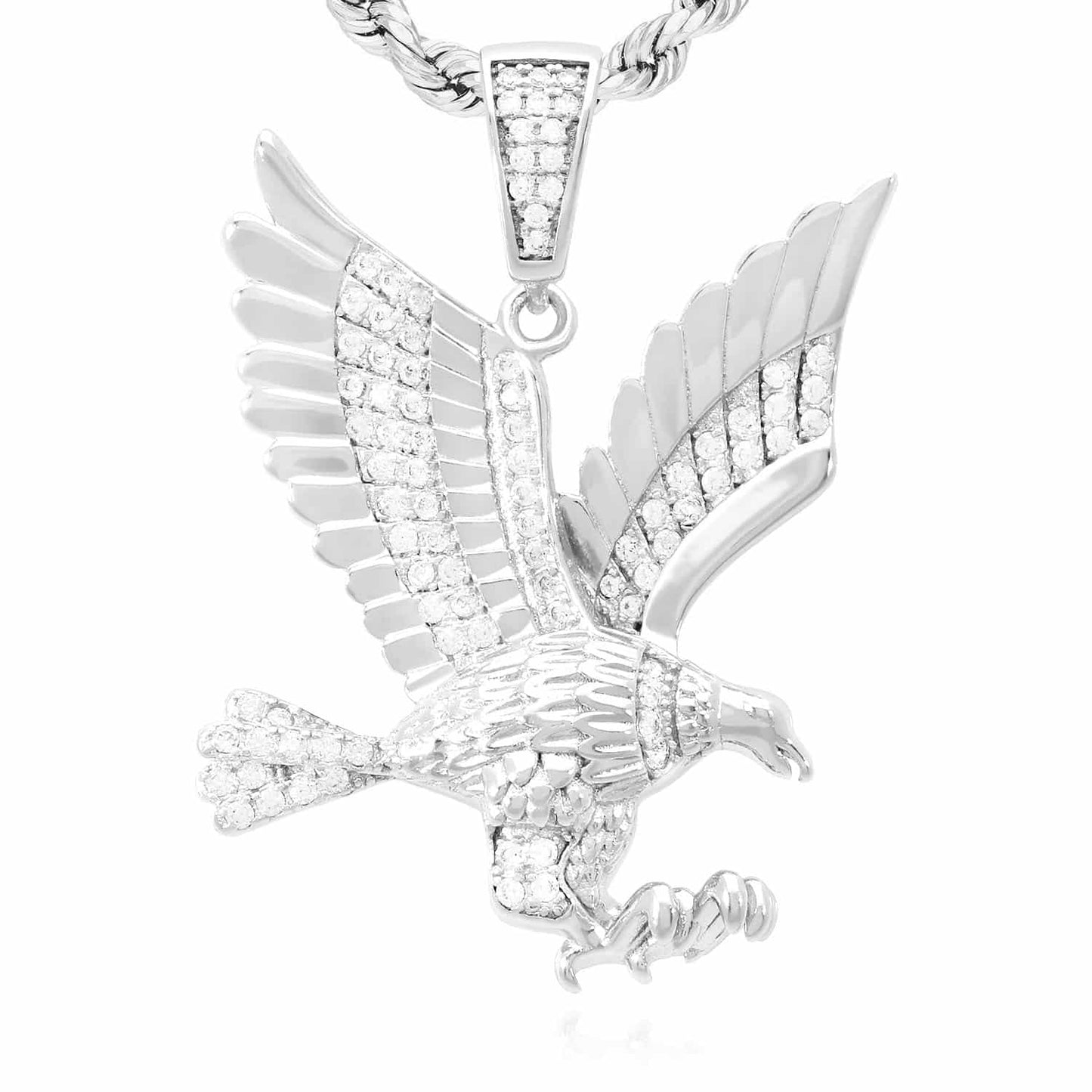 14k Yellow White Gold Over Silver White Zirconia Open Wings Eagle Pendant 1.57"