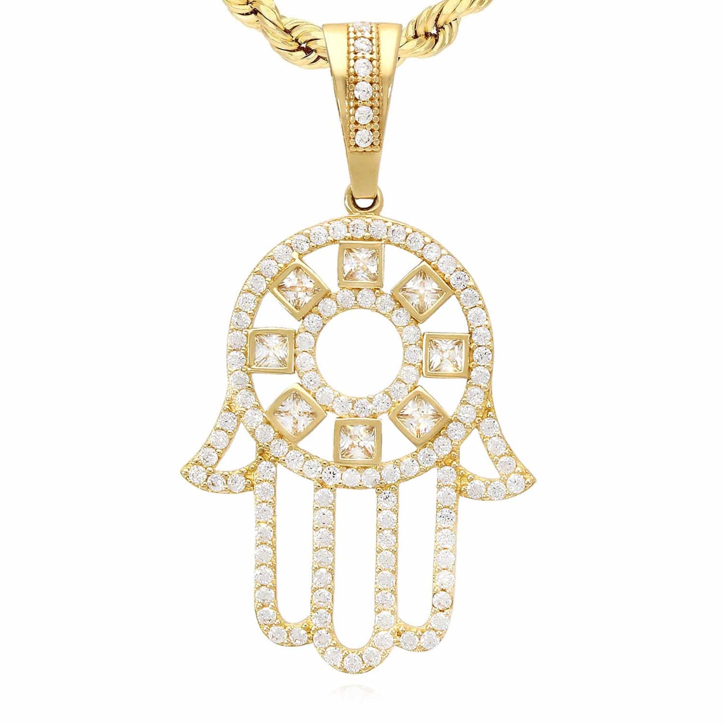 14K Yellow Gold Ruby Sapphire Zirconia Hamsa Pendant 1.5" - WJD Exclusives