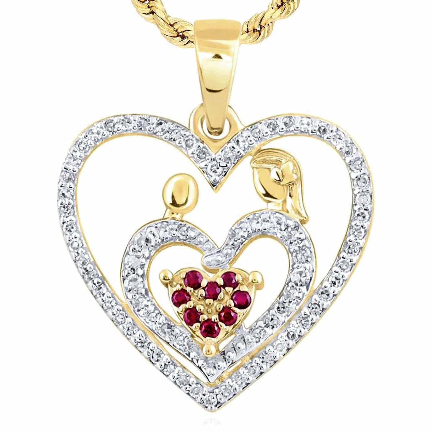0.22CTW Natural Diamond 10K Gold Yellow White Rose Ruby Mother Kid Heart Pendant