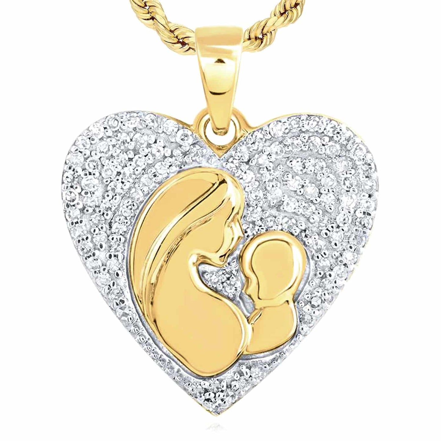0.20CTW Real Diamond 10K Gold Yellow White Rose Mother Child Heart Pendant
