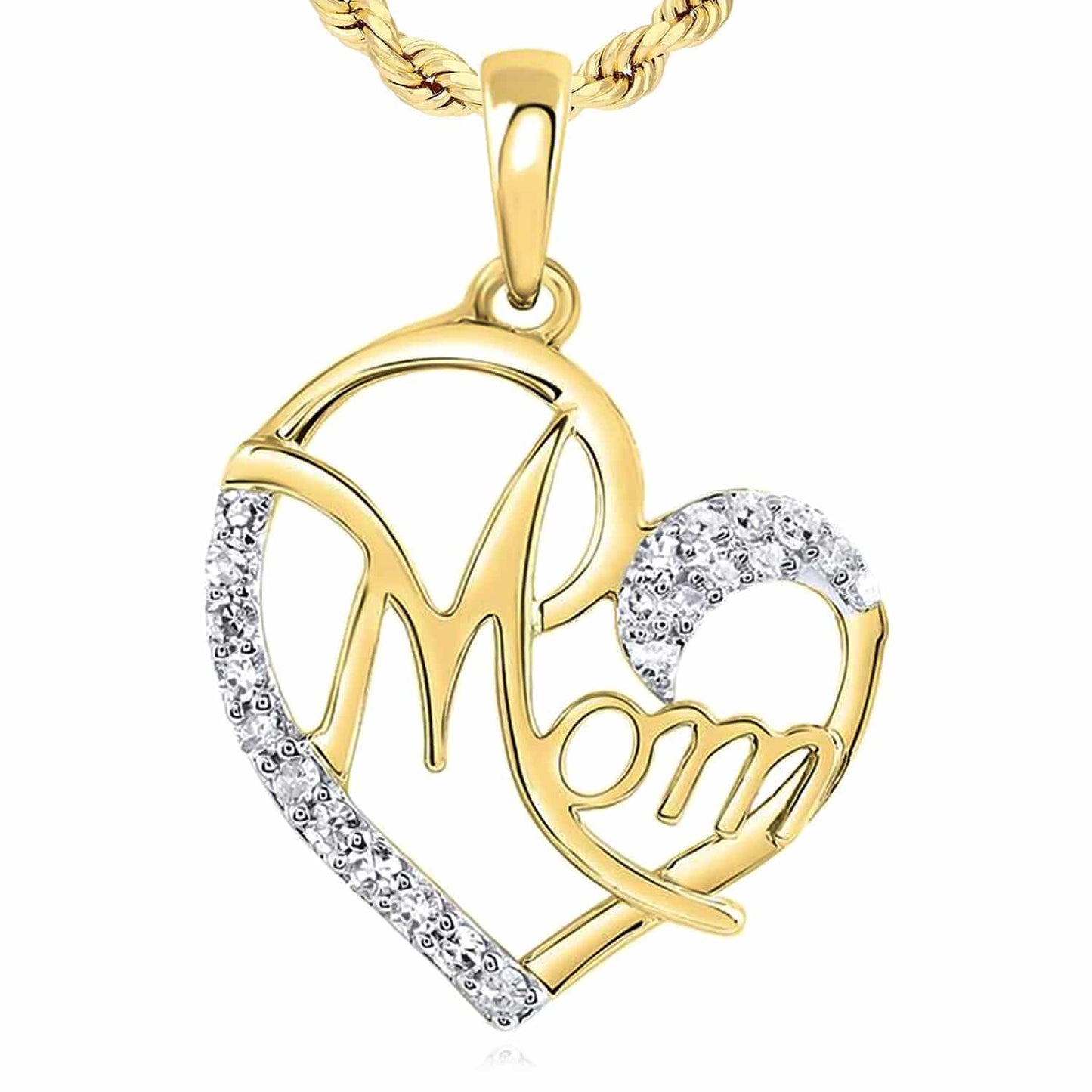 0.13CTW Real Diamond 10K Gold Yellow White Rose Open Heart Mom Pendant 0.85"