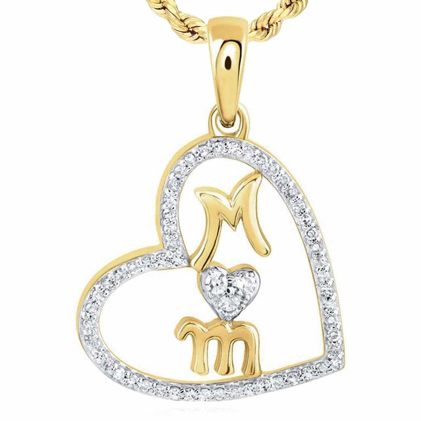 0.15CTW Real Diamond 10K Gold Yellow White Rose Open Heart Mom Pendant 0.9"