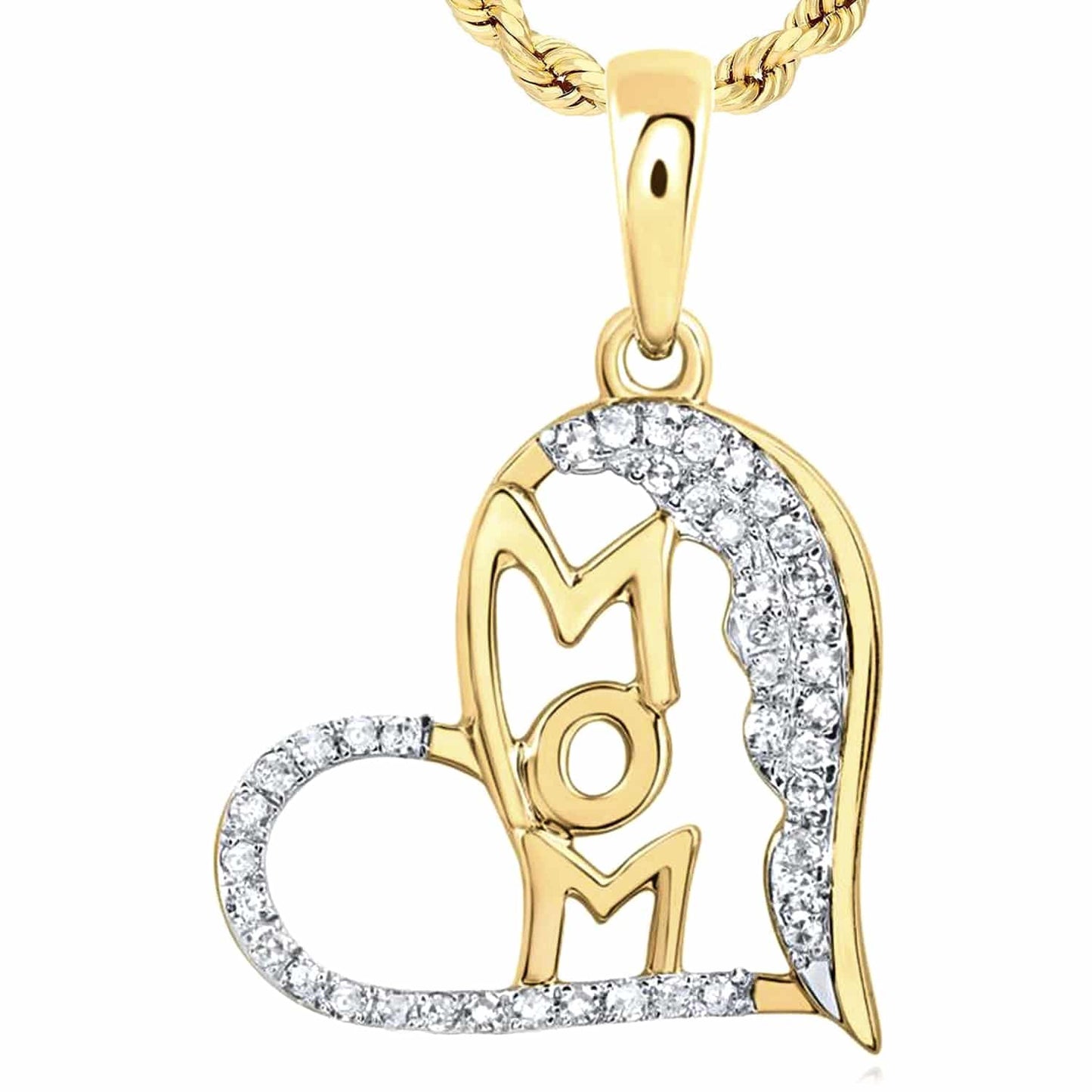 0.21CTW Real Diamond 10K Gold Yellow White Rose Open Heart Mom Pendant