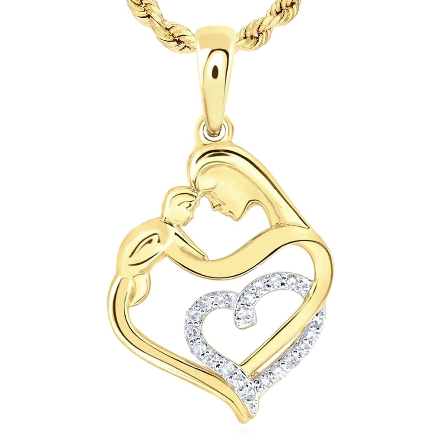 0.10CTW Real Diamond 10k Gold Yellow White Rose Child Mother Heart Pendant