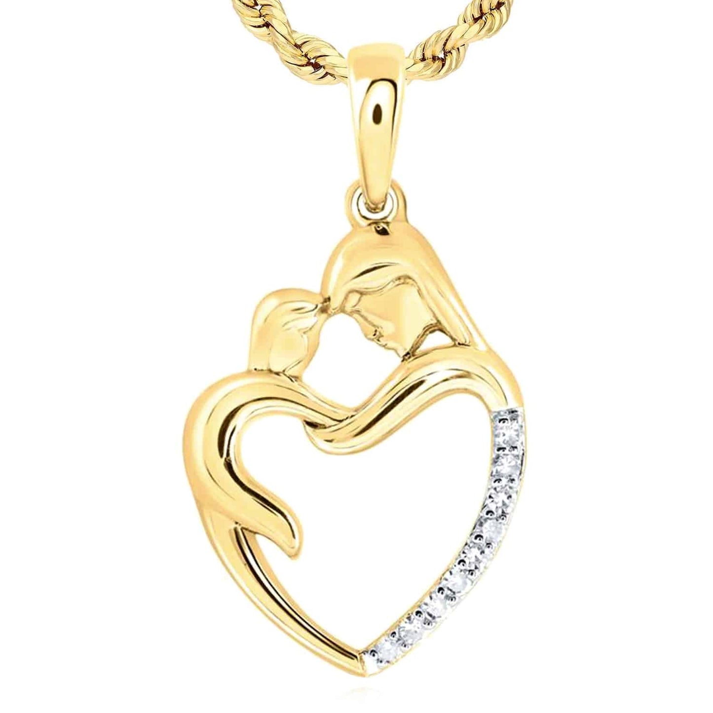 0.06CTW Real Diamond 10K Gold Yellow White Rose Child Mother Heart Pendant