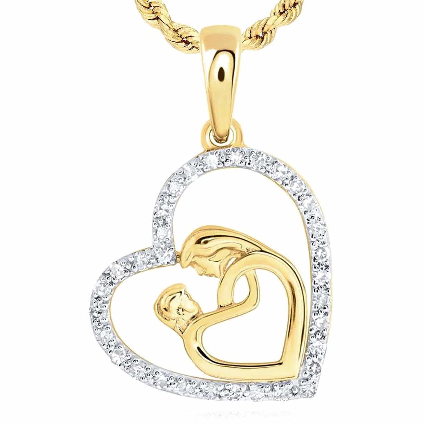 0.17CTW Real Diamond 10K Gold Yellow White Rose Mom Child Heart Pendant