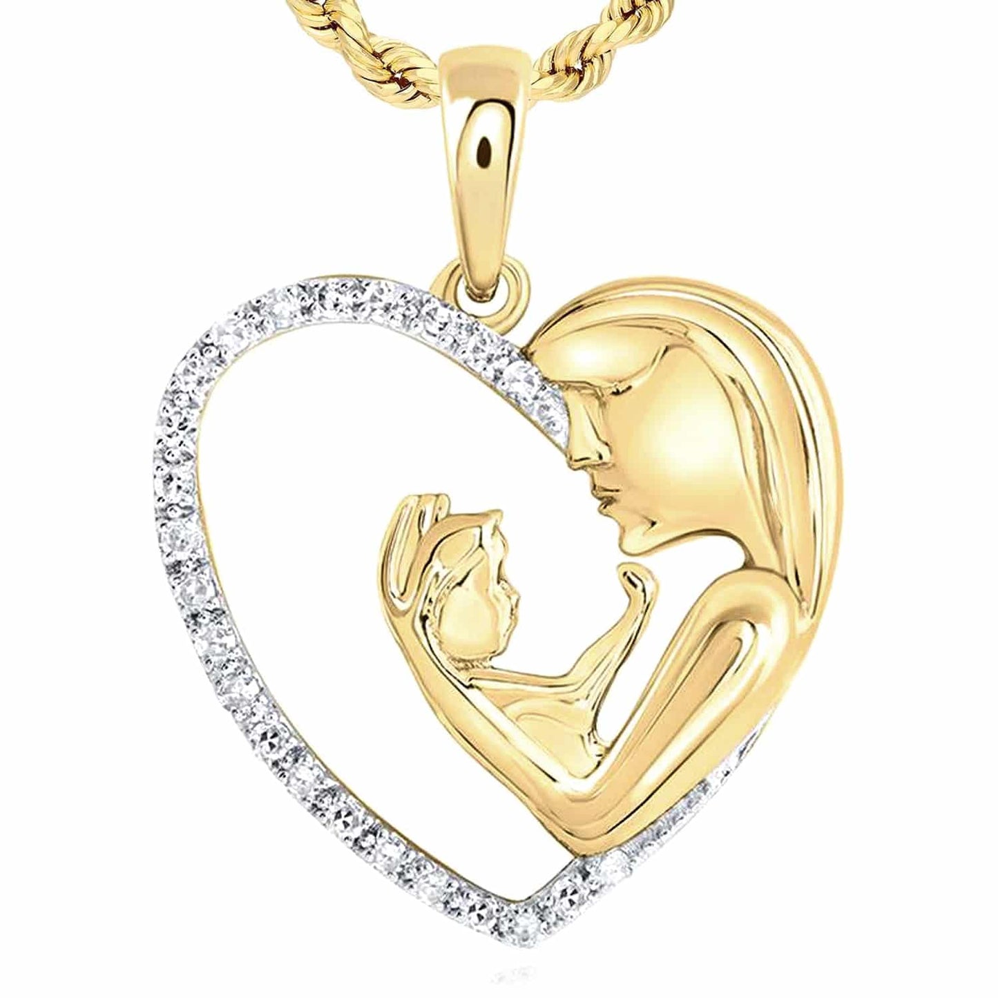 0.11CTW Real Diamond 10K Gold Yellow White Rose Mom Child Heart Pendant