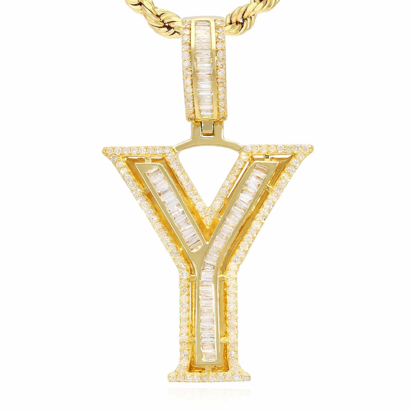 1.1CTW Natural Diamond Baguette 14K Yellow Gold Initial Letter Pendant 1.5"