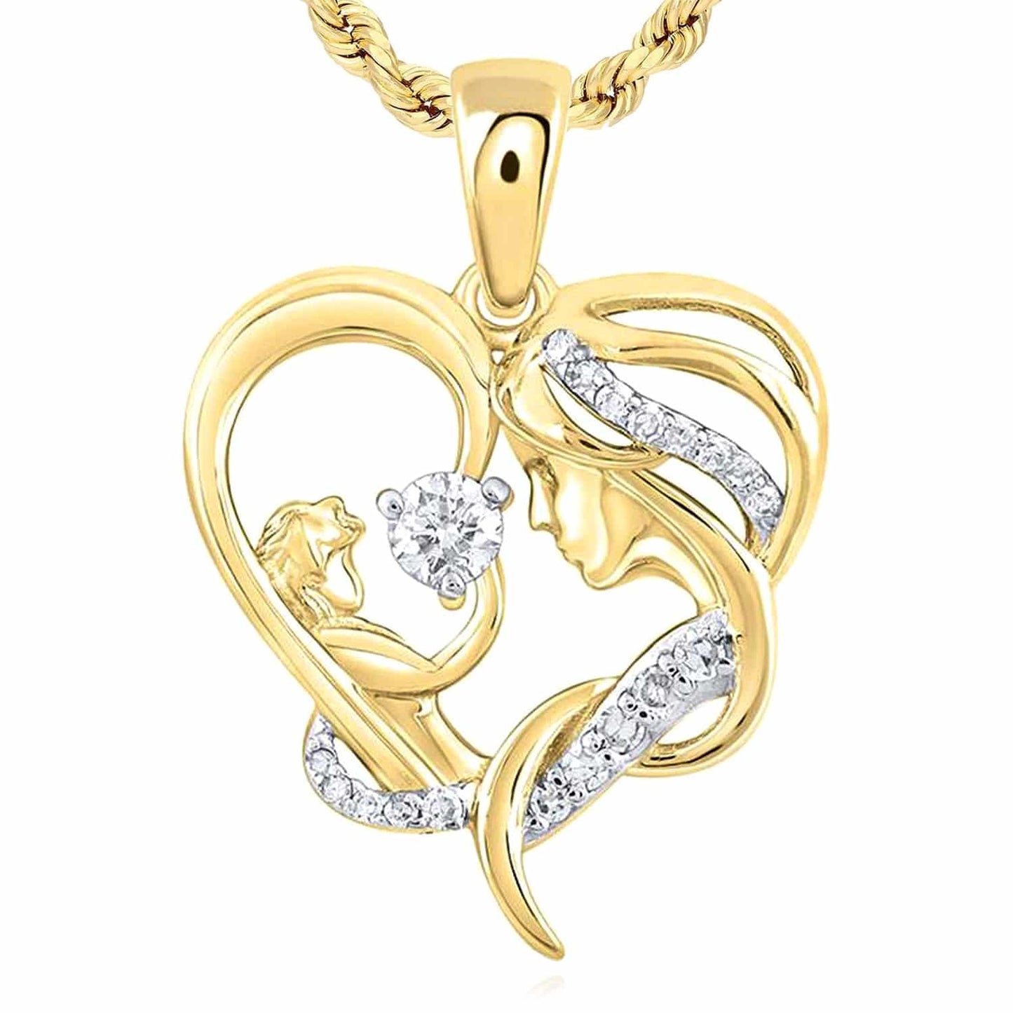0.15CTW Real Diamond 10K Gold Yellow Rose Mother Child Pendant 0.86"