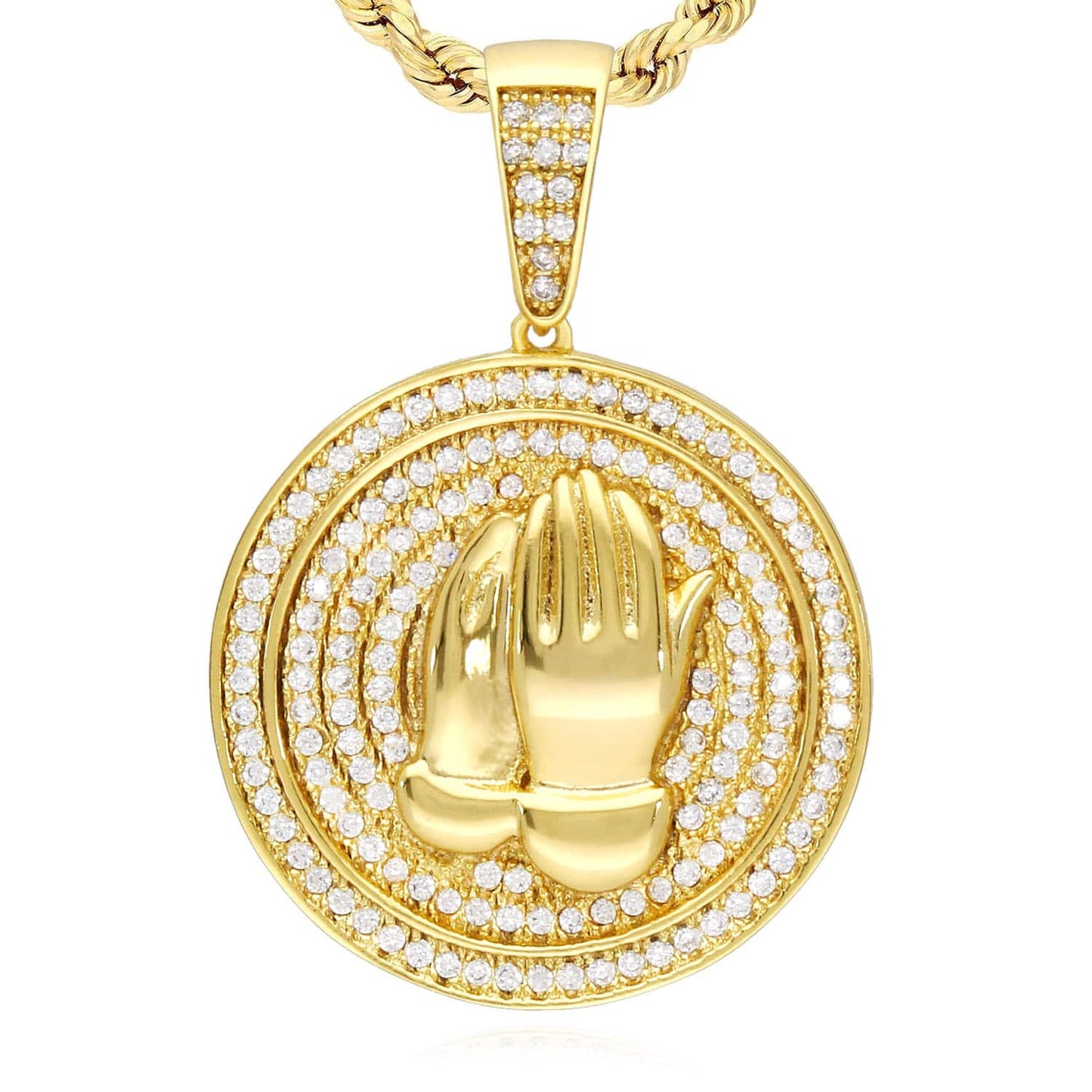14k Gold Over Silver CZ Praying Hands Medallion Pendant 1.38"