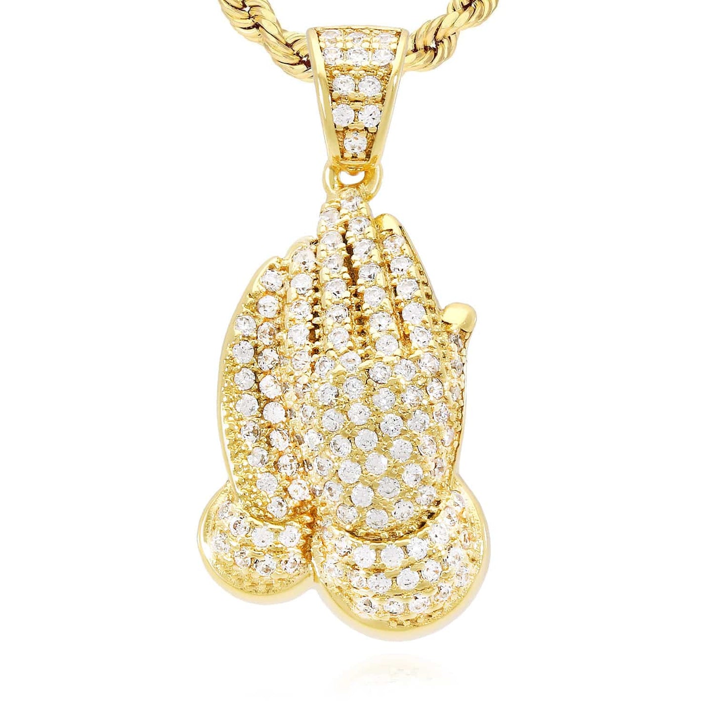 14K Yellow White Gold Over Silver CZ Pave Religious Praying Hands Pendant 1.18"