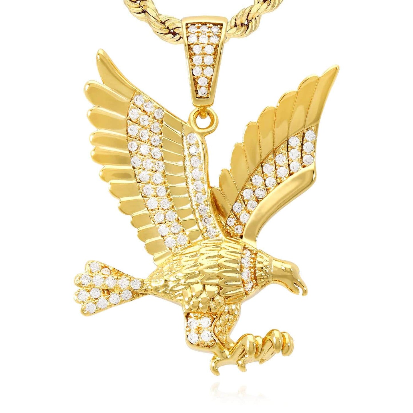 14k Yellow White Gold Over Silver White Zirconia Open Wings Eagle Pendant 1.57"