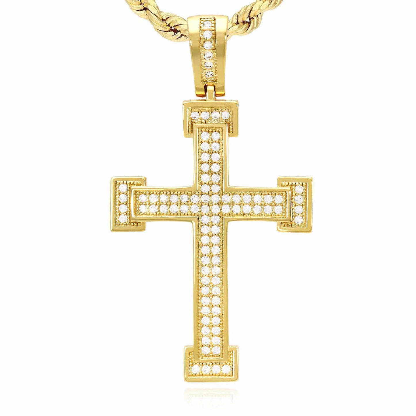 Yellow White Gold Over 925 Sterling Silver CZ Pave Milgrain Cross Pendant 1.69"