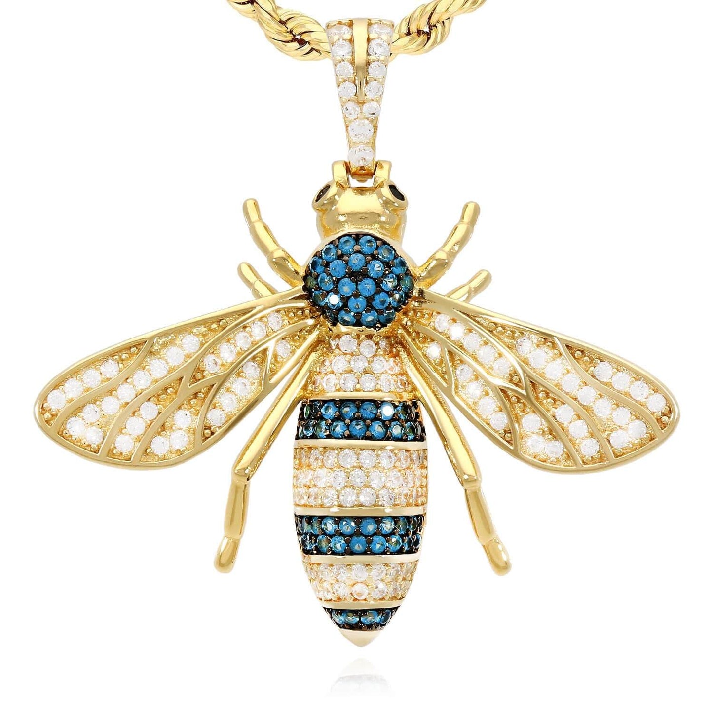 14K Yellow White Gold Over Silver Zirconia Blue Topaz Honey Bee 3D Pendant 1.6"