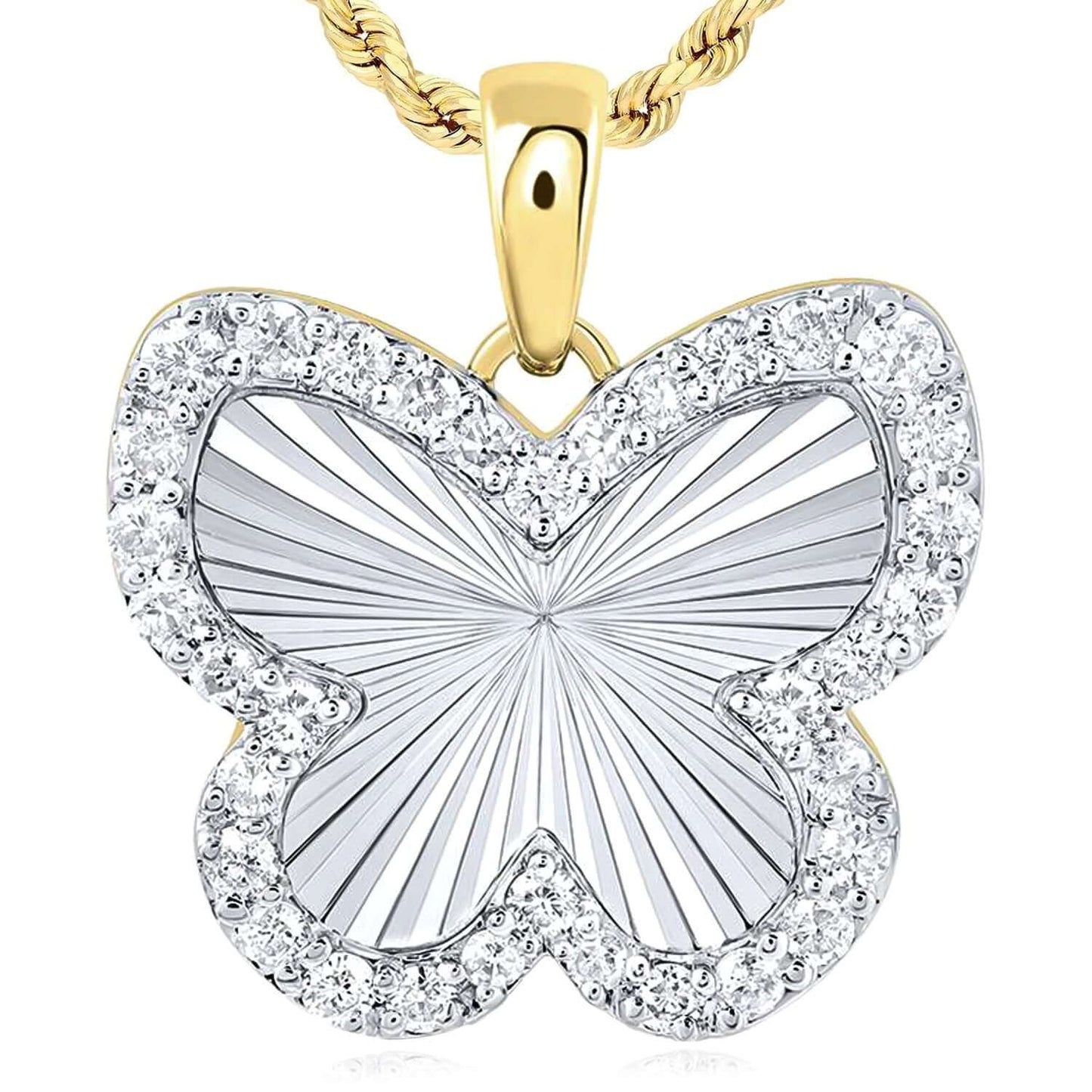 0.25CTW Real Diamond 10K Real Gold Yellow, White Butterfly Pendant 0.6"