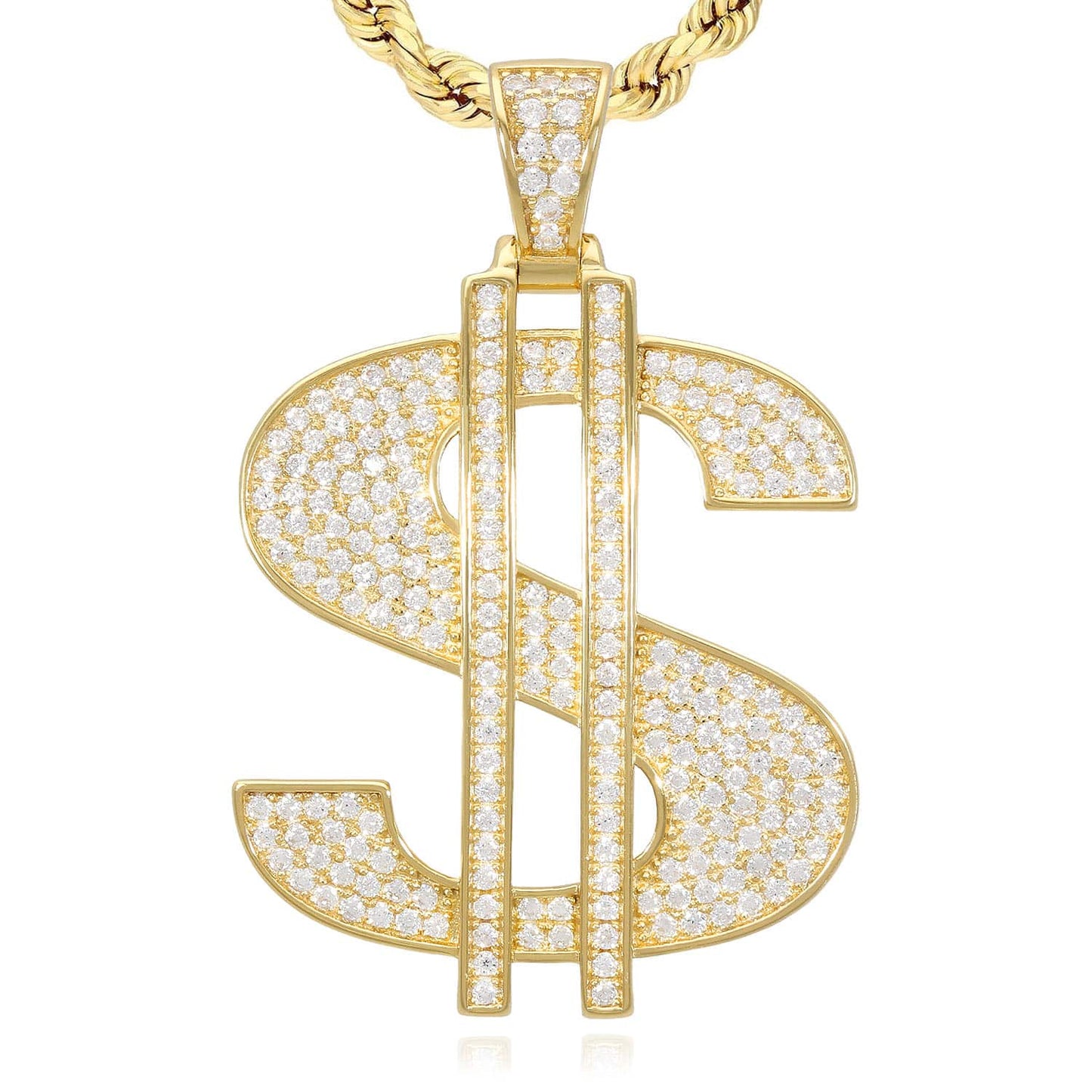 14K Gold Over Silver Ice Out CZ Pave Dollar Sign Pendant 1.6"