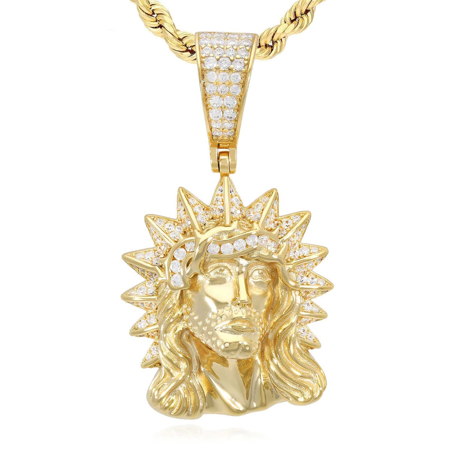 14k Gold Over Silver CZ Jesus Head Thorn Pendant 1.8"