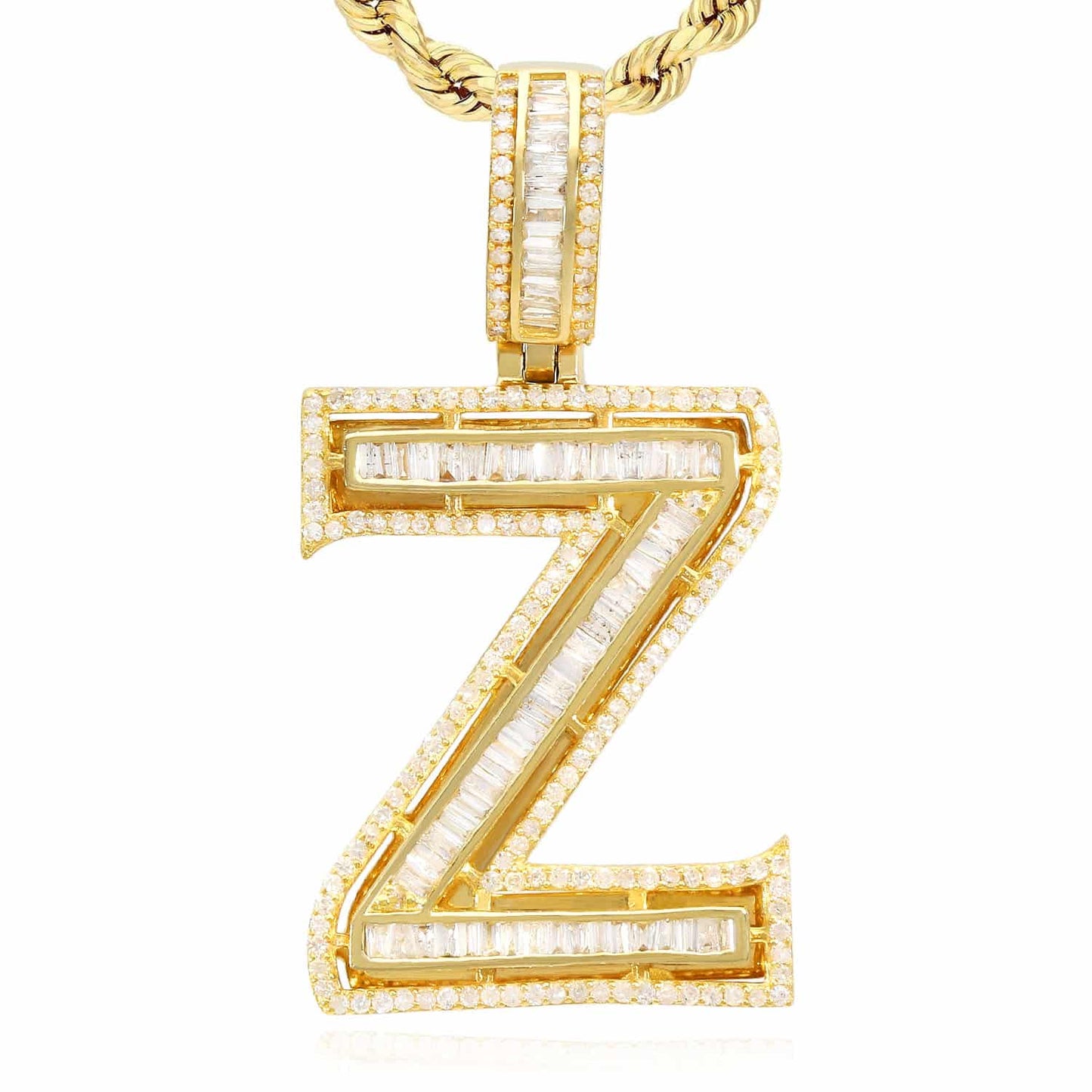 1.1CTW Natural Diamond Baguette 14K Yellow Gold Initial Letter Pendant 1.5"