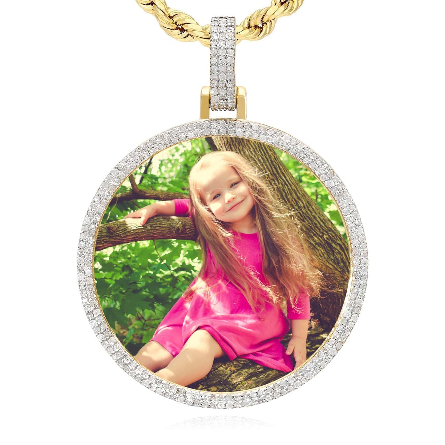 Real Diamond Pave 10K Yellow Gold Round Picture Frame Memory Pendant 1"-1.8"