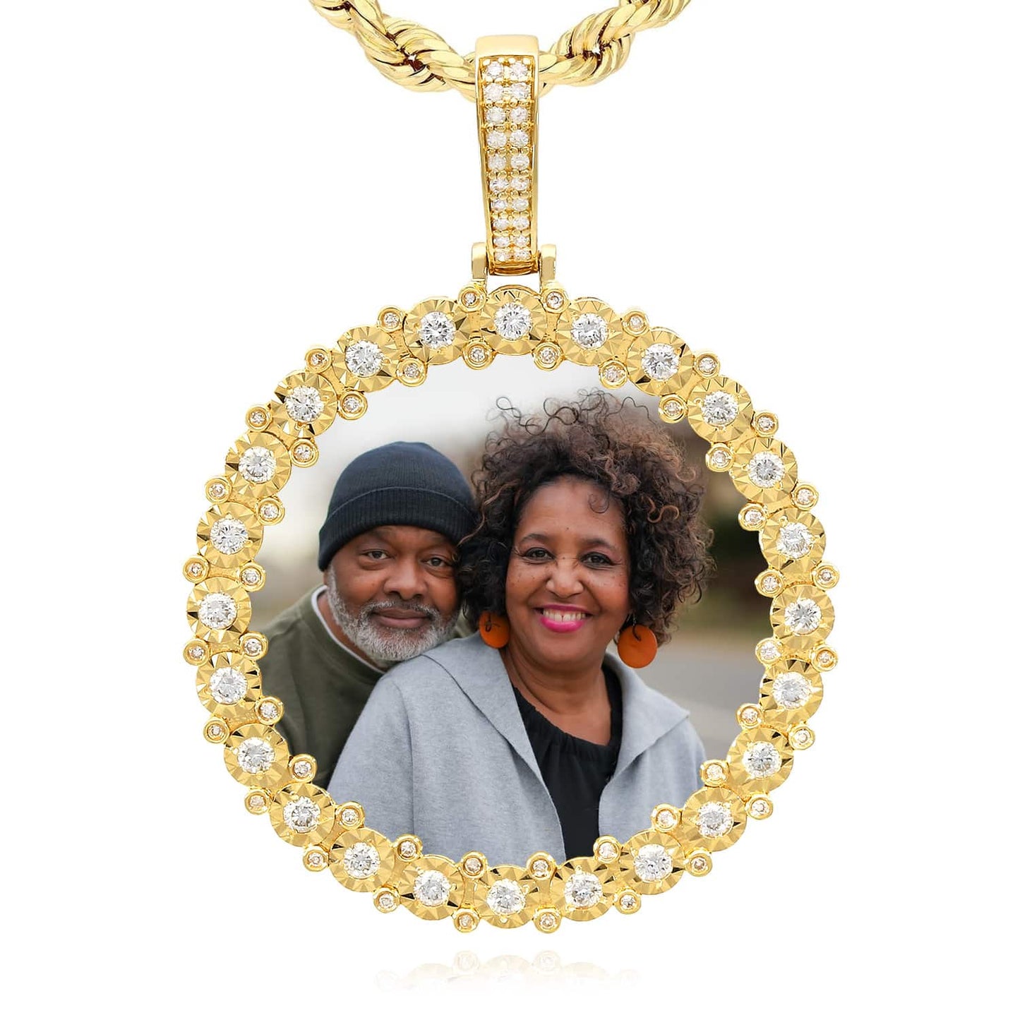 Real Diamond 14K Yellow Gold Round Picture Frame Memory Pendant 1.4"-2"