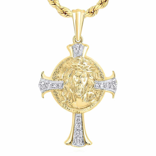0.16CTW Natural Diamond 10K Yellow Gold Jesus Face Cross Pendant 1.4"
